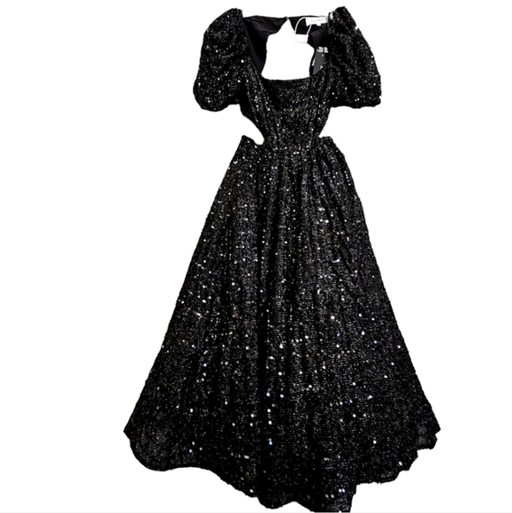 Elliatt Aubree Black Sequined Square Neck Knit Puffed Sleeve Cut Out Midi Dress - Picture 7 of 17